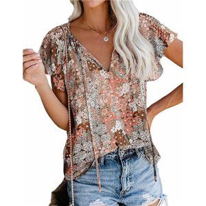 Boho Tops Floral V Neck Short Sleeve Summer Blouse Shirts For Women